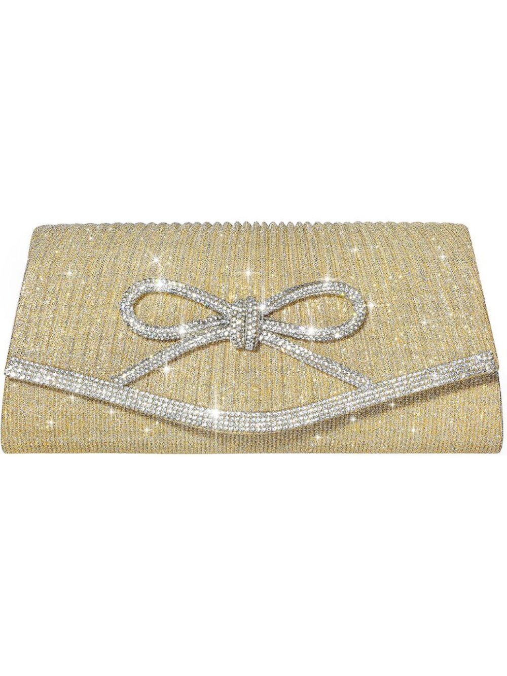 Women's Bow Gold Glitter Rhinestone Clutch Purse Evening Wedding Bag
